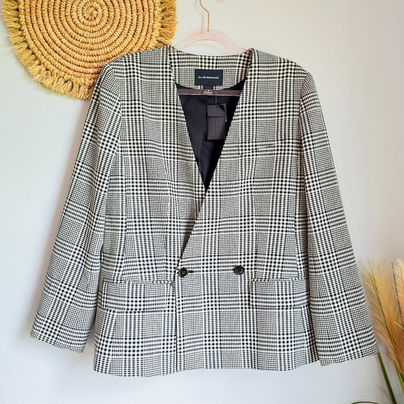 Club Monaco New Black White Plaid Double Breasted Blazer Jacket Womens Sz 14 - Picture 11 of 12